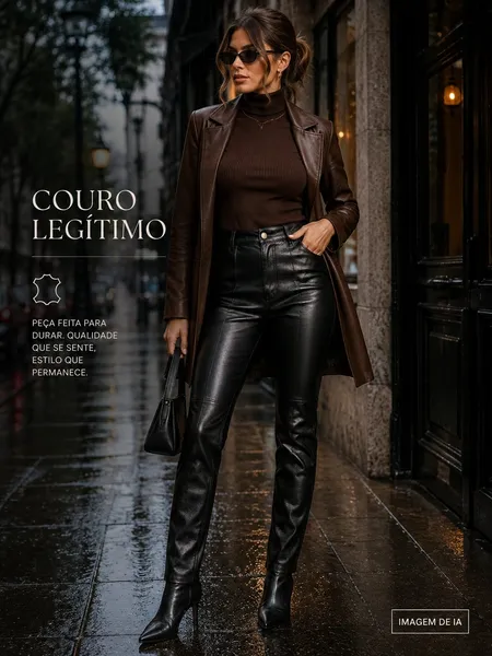 Calça reta afunilada preta couro legítimo - Ref. 6343