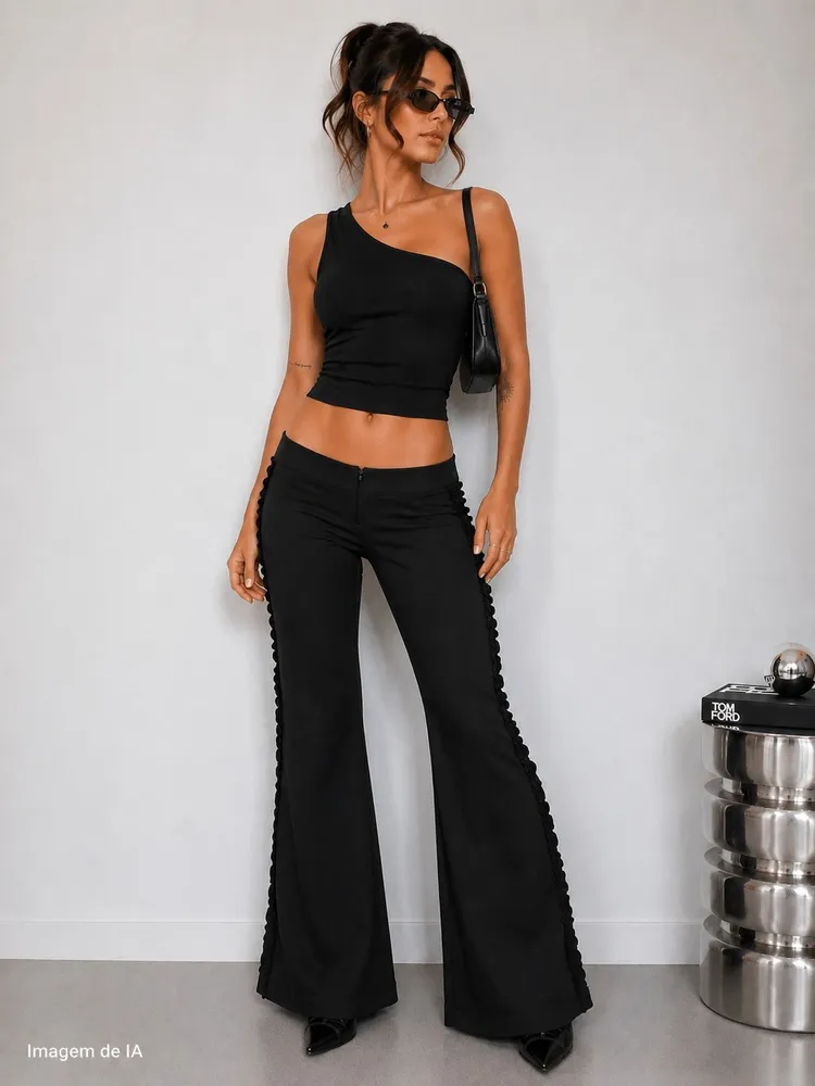 Calça social alfaiataria babado preta flare Y2K - Ref. 6148