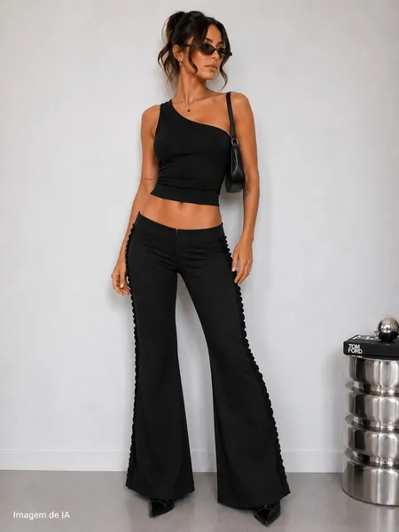 Calça social alfaiataria babado preta flare Y2K - Ref. 6148