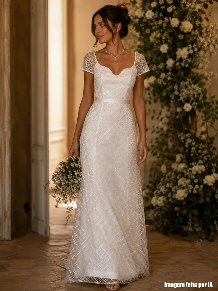 Vestido de noiva branco longo paetê acinturado - Ref. 4783