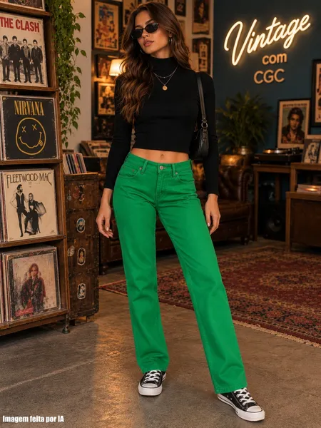 Calça jeans reta verde Vintage CGC - Veste 34 - Ref. 5367