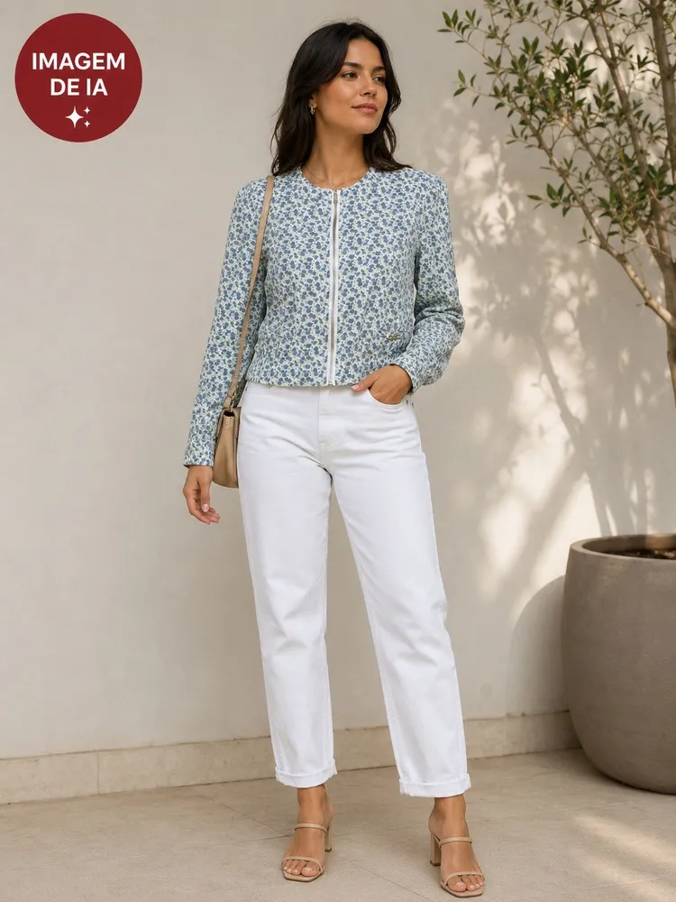 Jaqueta feminina floral azul e branco - Veste P - Ref. 6291