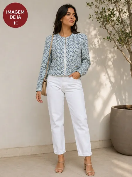 Jaqueta feminina floral azul e branco - Veste P - Ref. 6291