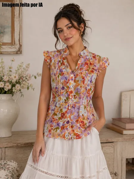 Camisa social romântico floral vintage - Ref. 6391