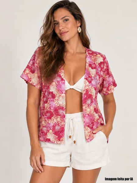 Casaco Kimono estampado concha rosa - Ref. 5500