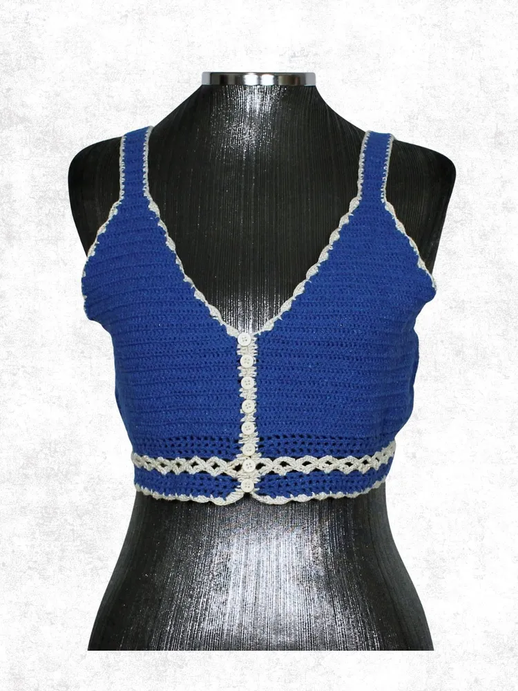 Blusa cropped crochê azul e off white - Ref. 5692