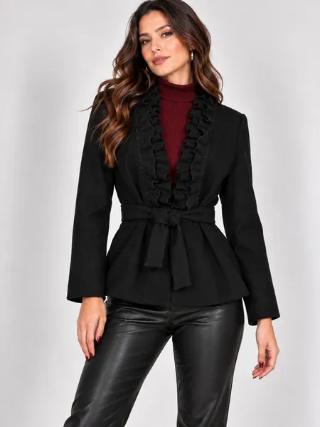 Casaco inverno lã batida preta babado - Veste M - Ref. 6104
