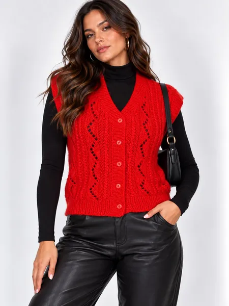 Colete tricot lã inverno vermelho feito a mão - Ref. 2554