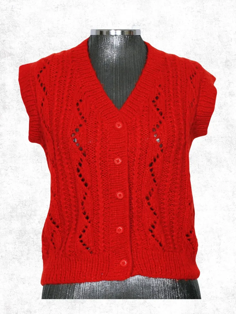 Colete tricot lã inverno vermelho feito a mão - Ref. 2554
