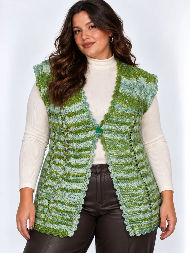 Colete de tricot lã feito a mão tons de verde - Ref. 2483