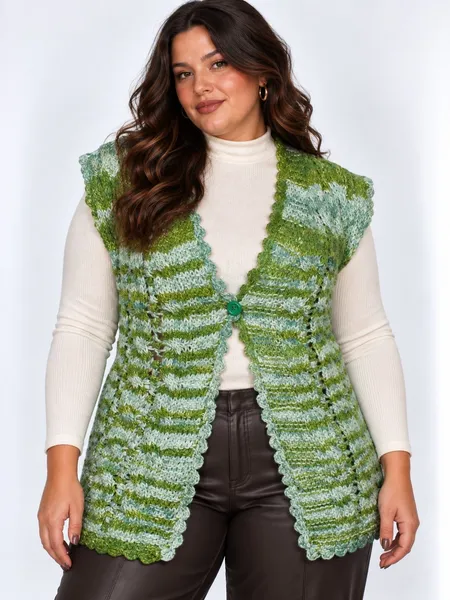 Colete de tricot lã feito a mão tons de verde - Ref. 2483