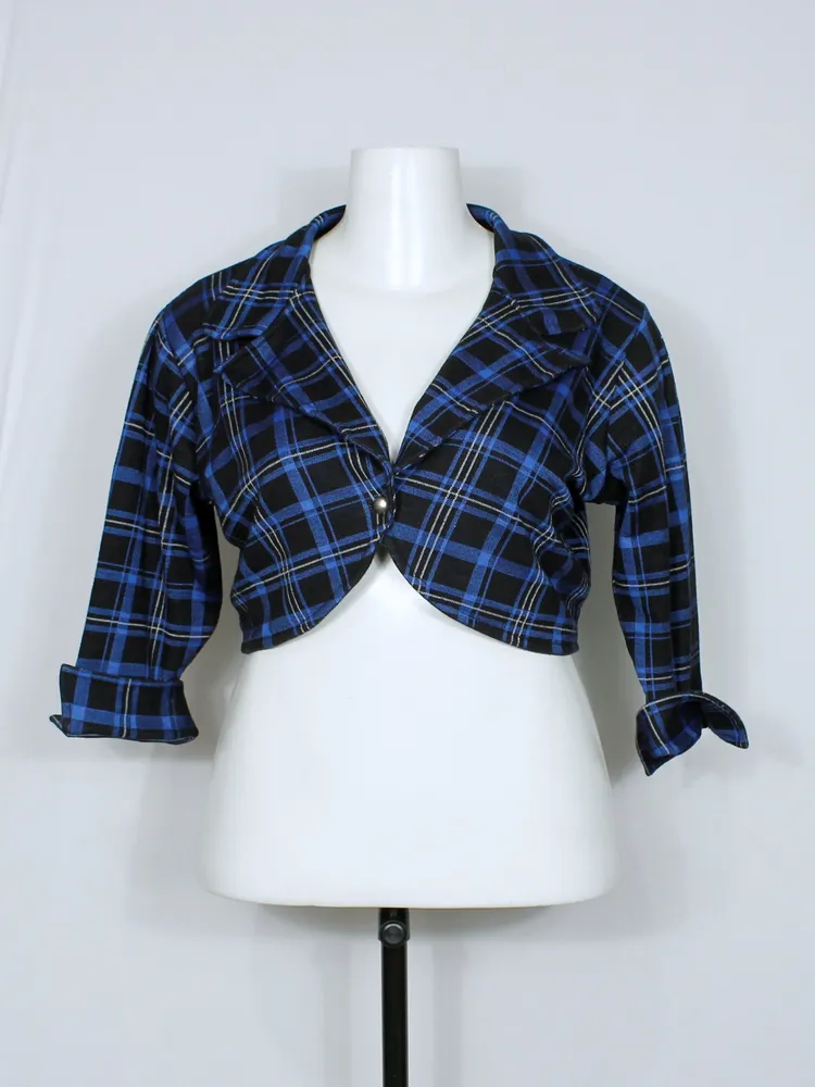 Casaco cropped xadrez preto e azul - Ref. 6425