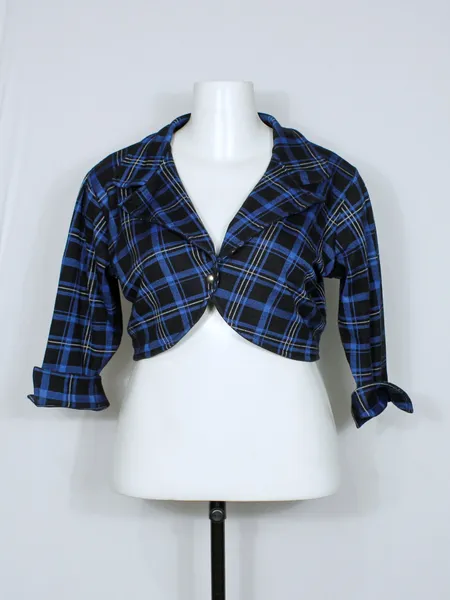 Casaco cropped xadrez preto e azul - Ref. 6425