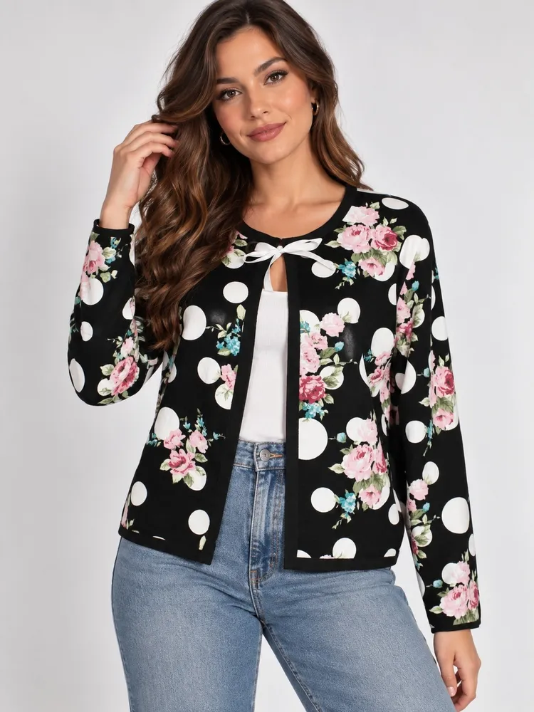 Casaco preto poá floral preto e branco - Ref. 6511