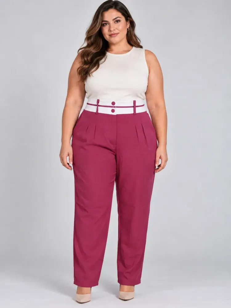 Calça social afunilada rosa e branco plus size - Ref. 5652