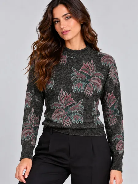 Blusa suéter de tricot lã floral cinza - Ref. 2557