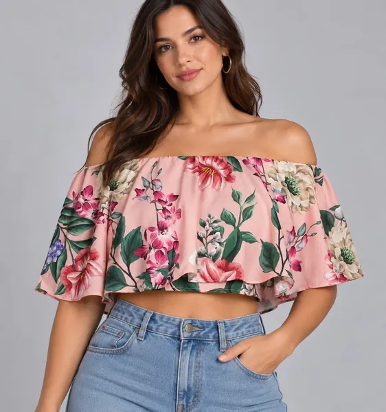 blusa cropped ciganinha floral lança perfume - ref. 5436