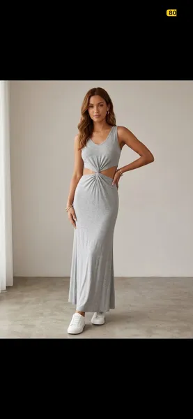 Vestido longo cinza com nó frontal