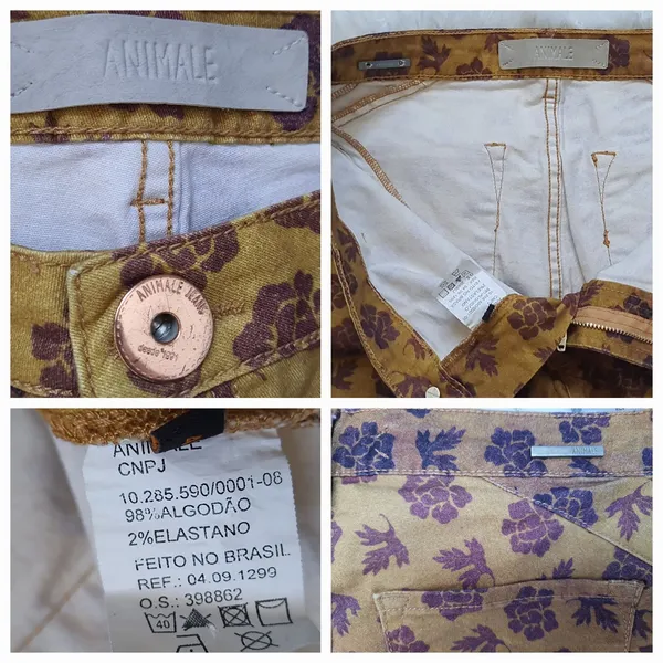 calça jeans skinny animale floral mostarda e marrom