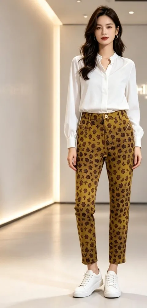 calça jeans skinny animale floral mostarda e marrom