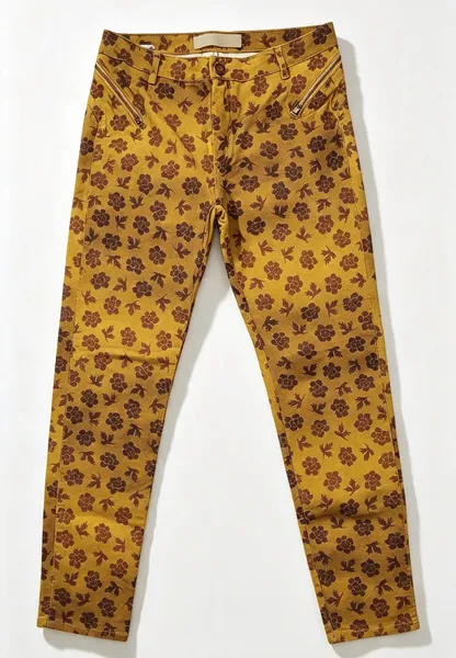 calça jeans skinny animale floral mostarda e marrom