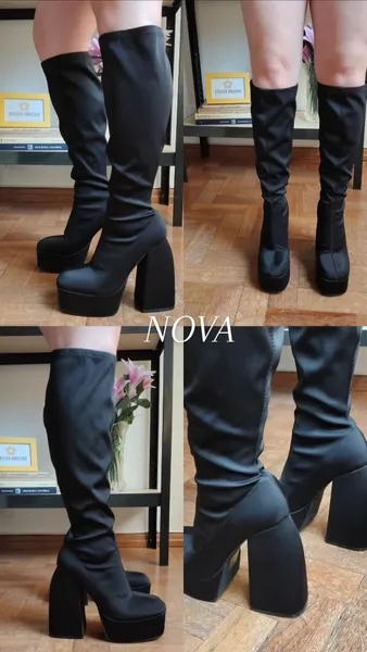 Bota Plataforma Cano Alto Meia Pata Importada Preta - Nova