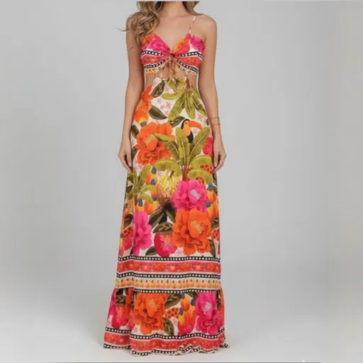 Vestido Floral Longo Fenda nas Costas M | Sudja