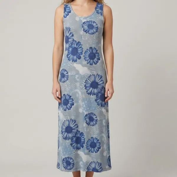 Vestido Floral Midi Vintage Azul Leve M