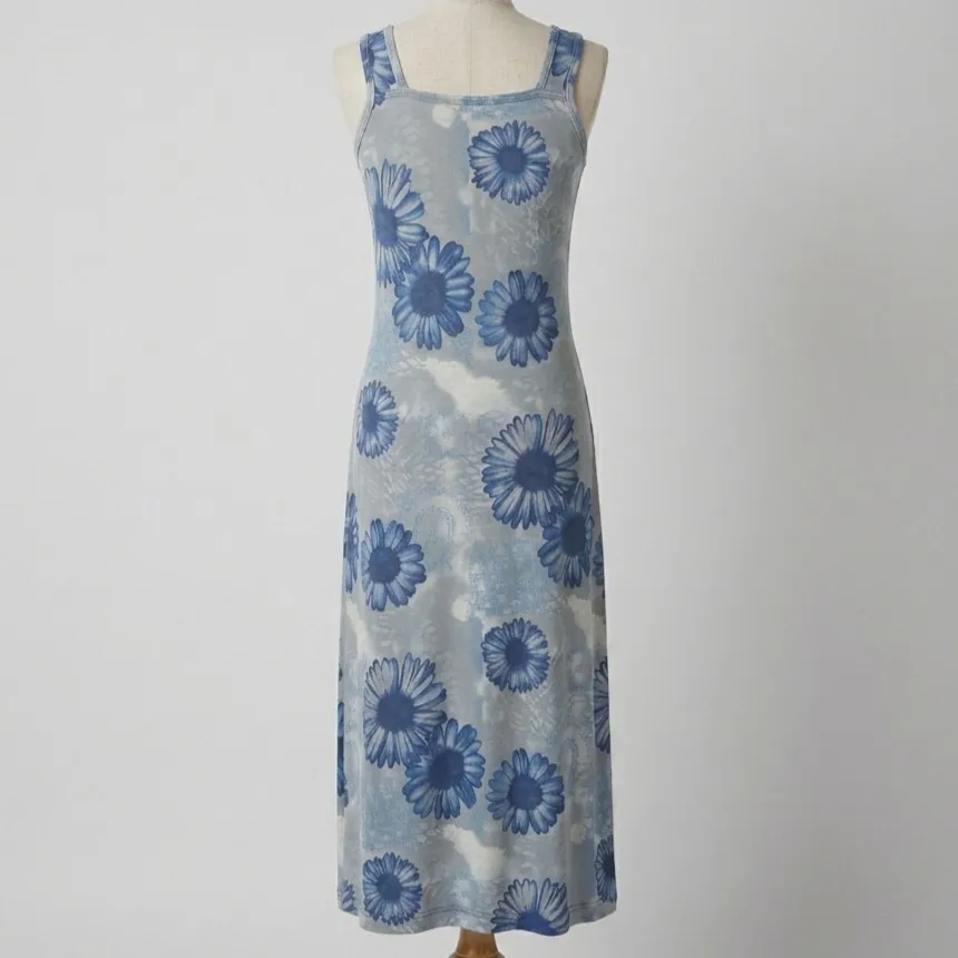 Vestido Floral Midi Vintage Azul Leve M
