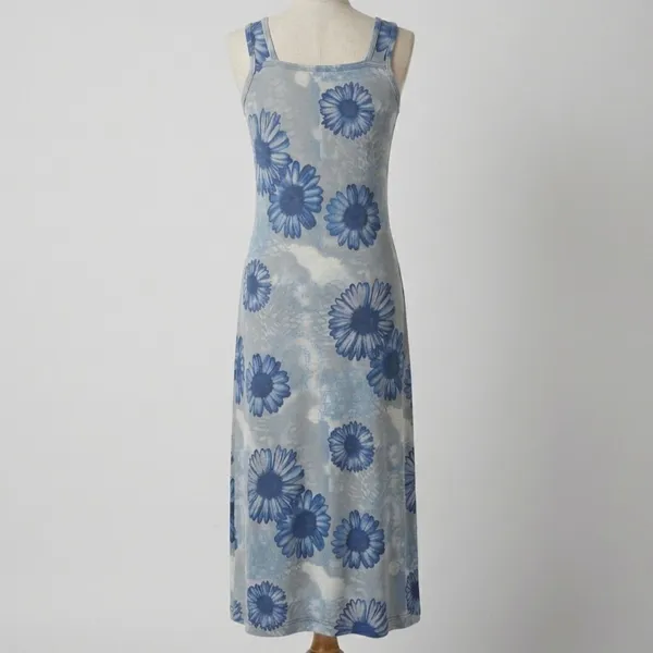 Vestido Floral Midi Vintage Azul Leve M