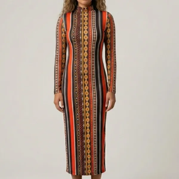 Vestido Midi Geométrico Manga Longa M Shein