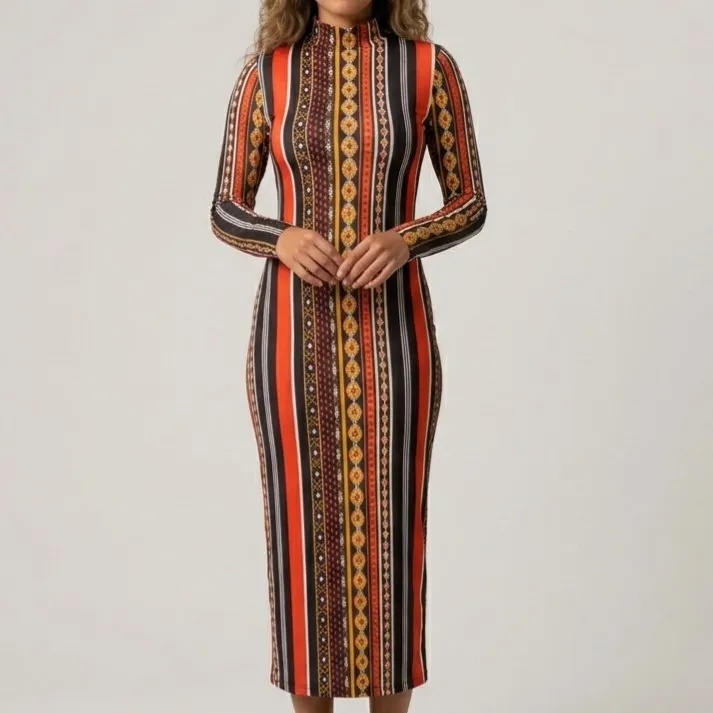 Vestido Midi Geométrico Manga Longa M Shein