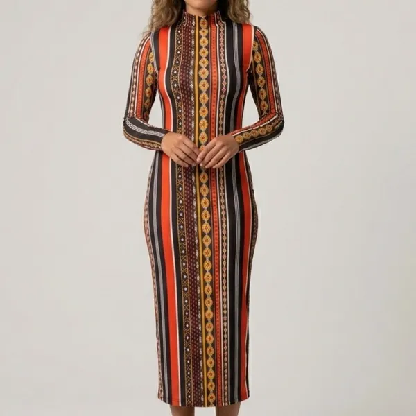 Vestido Midi Geométrico Manga Longa M Shein
