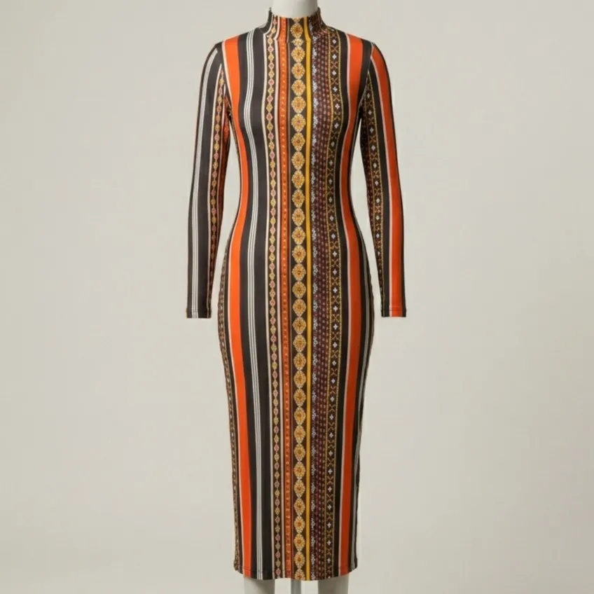 Vestido Midi Geométrico Manga Longa M Shein