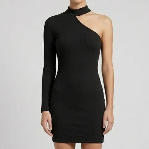 Vestido Preto Gringo Manga Única Canelado PP Shein