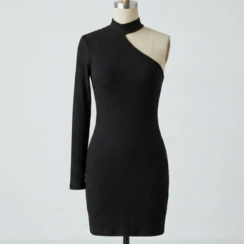 Vestido Preto Gringo Manga Única Canelado PP Shein