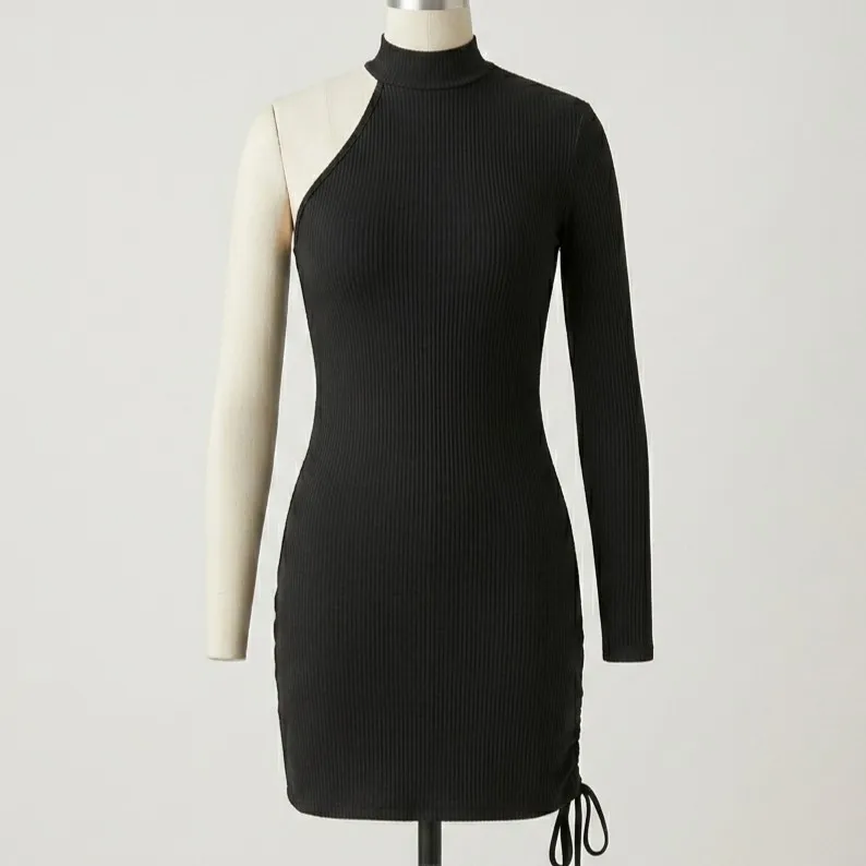 Vestido Preto Gringo Manga Única Canelado PP Shein