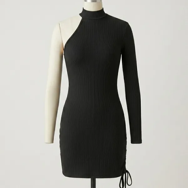 Vestido Preto Gringo Manga Única Canelado PP Shein
