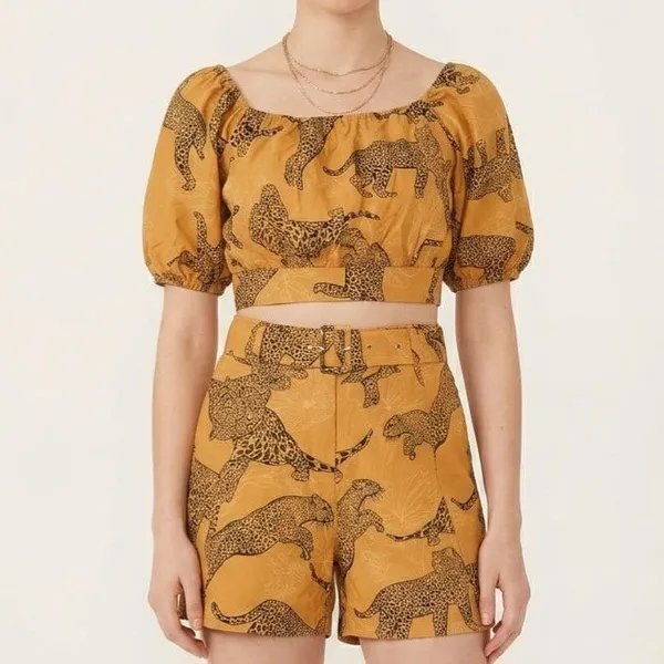 Conjunto Cropped e Shorts Leopardos G Renner