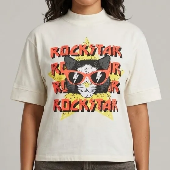 Camiseta Feminina Gatinho Rock P/M