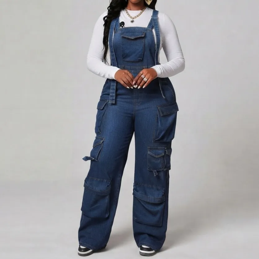 Macacão Feminino Cargo Jeans XGG Shein