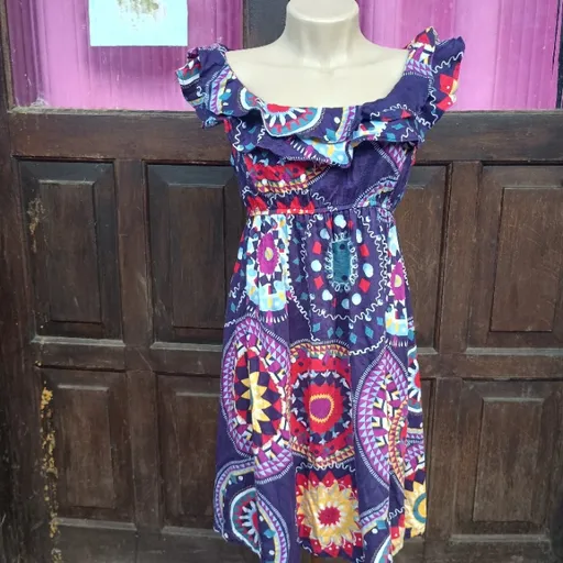 lindo vestido roxo colorido estampado tam p