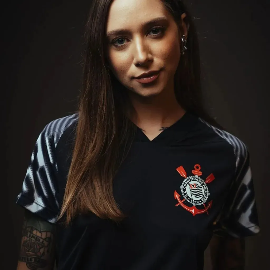 Camisa Corinthians SCCP Lines Preta Feminina - Oficial