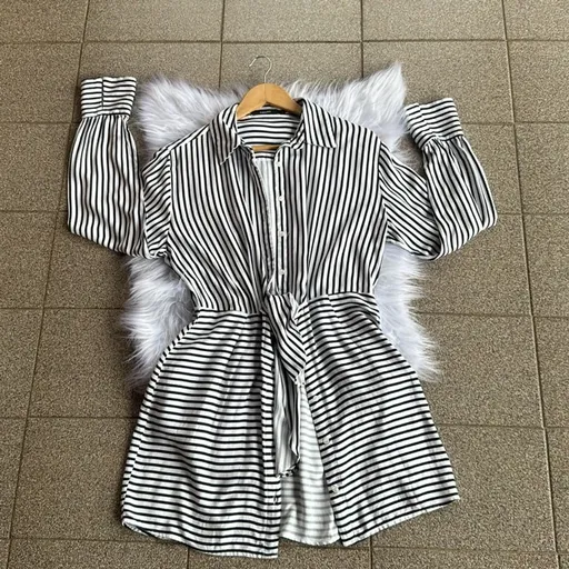 Vestido Chemise Listrado Preto E Branco Amaro Estiloso Tam 42