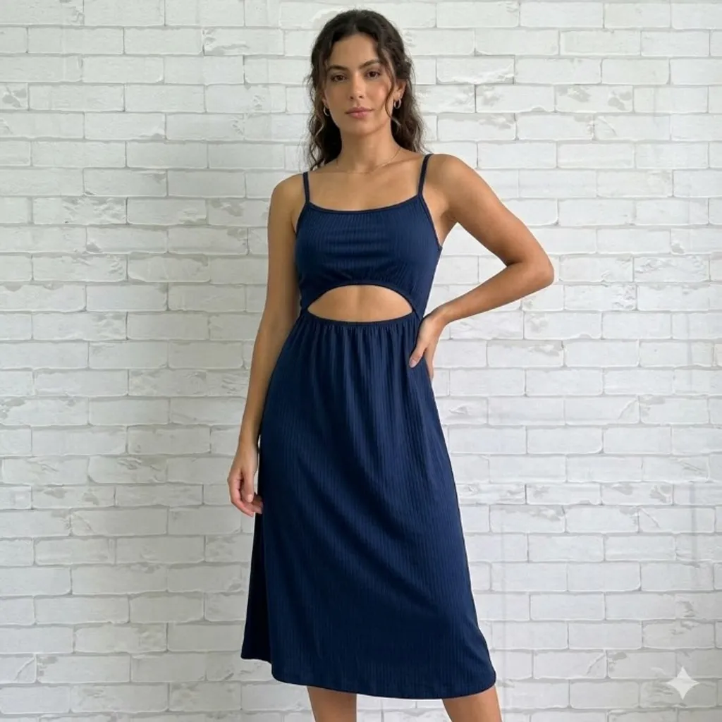 Vestido Tubinho Azul Marinho Com Recorte Moderno Tam P