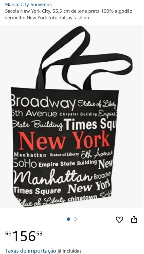 Bolsa Tote New York Preta Estampada Algodão Usada