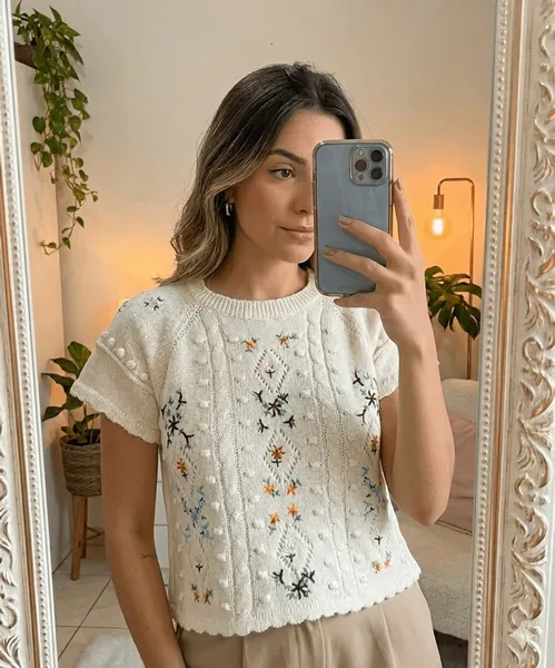Blusa Off White Tricot Floral Feminina Tam M
