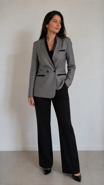 Blazer alfaiataria gola smoking cinza e preto Tam G INSP
