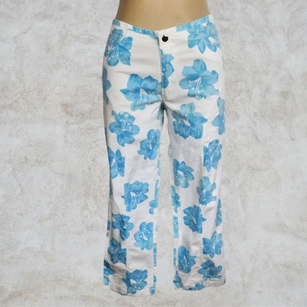 Calça Capri Floral Azul Brechó Y2K Soft Romantic 90s Cintura Méd