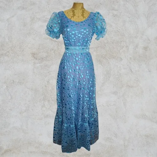 Brechó Vestido Chiffon Anos 70 Roller Devore Manga Bufante Longo